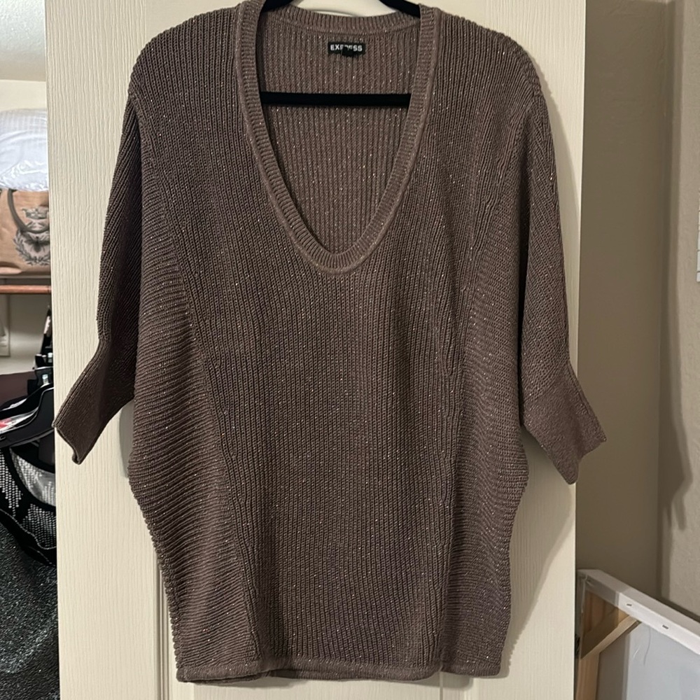 Express Dolman sleeve brown and sparkly V-neck sweater